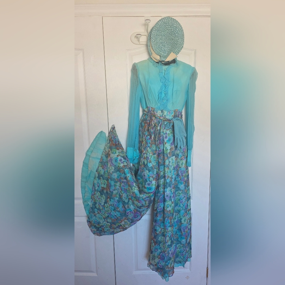 Palazzo Wide Leg Blue Chiffon 60s Psychedelic One-Piece Jumpsuit w Hat/Gloves